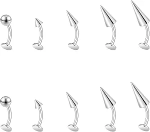 ZS 16G Devil Curved Barbell Lip Ring, Stainless Steel 6/8/10/12mm Long Bar Belly Button Ring, Flat Back Tiger Teeth Vertical Labret Lip Rook Navel Piercing Jewelry