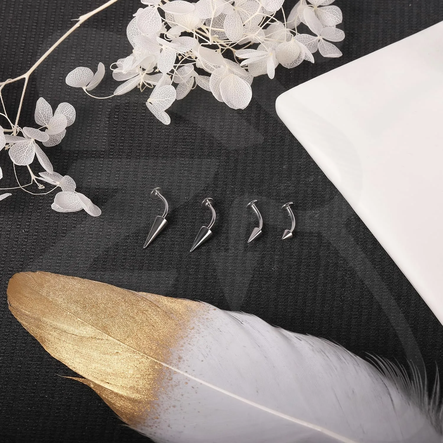 ZS 16G Devil Curved Barbell Lip Ring, Stainless Steel 6/8/10/12mm Long Bar Belly Button Ring, Flat Back Tiger Teeth Vertical Labret Lip Rook Navel Piercing Jewelry
